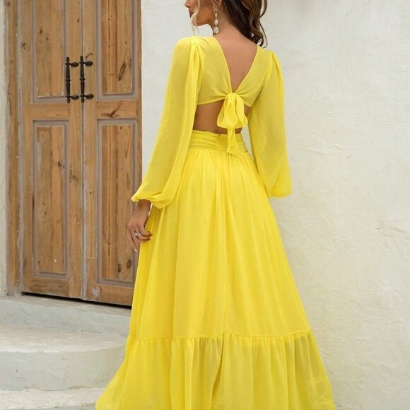 Yellow Plunging Neck Lantern Sleeve O-ring Detail Split Thigh Dress - Picture 2 of 5